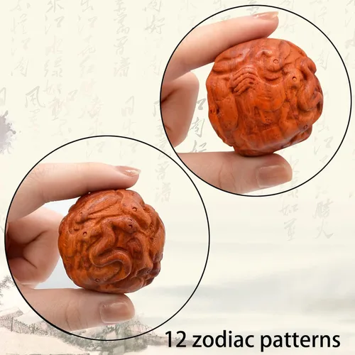 Vista 3 de Bola Baoding de 1.6 pulgadas tallada a mano Pixiu Zodiac Herramienta de ejercicio de mano de madera (zodiaco chino (madera de pera amarilla), 1.9 x