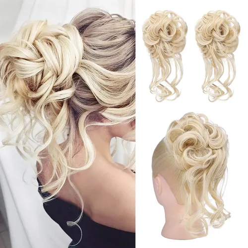 Vista 11 de HOOJIH 2 piezas de extensiones de cabello estilo moño despeinado, extensiones de cabello rizado y ondulado con tiras, cola de caballo, horquillas