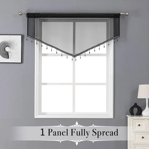 Vista 2 de WUBODTI Cortinas transparentes con cenefa con cuentas negras para ventanas, 1 unidad, cenefas de cortina semitransparentes para dormitorio y cocina