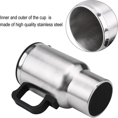 Vista 6 de Taza térmica de viaje de acero inoxidable de 12V 15.2 fl oz, taza de viaje con aislamiento eléctrico, taza de calefacción para coche, para café, té