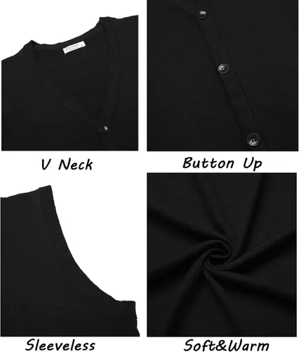 Vista 6 de COOFANDY Chaleco de suéter para hombre, cuello en V, casual, sin mangas, con botones, cárdigan