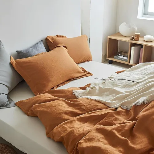 Vista 4 de INDACORIFY Funda de edredón de algodón lavado color canela con 2 fundas de almohada, 100% algodón, funda bohemia para cama individual, matrimonial