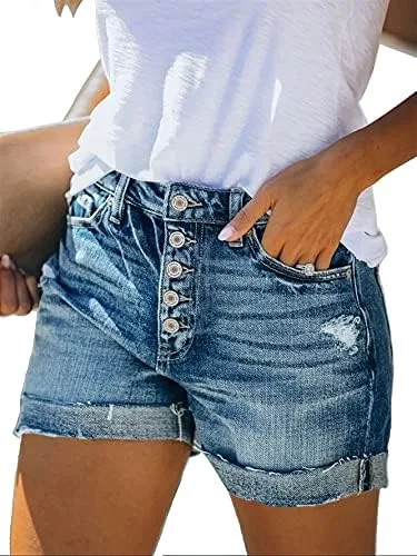 Vista 2 de Angerella - Pantalones cortos de mezclilla para mujer, con tiro medio, rasgados, elásticos, con dobladillo plegado, sexys