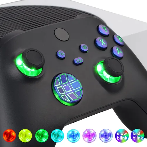 Vista 4 de eXtremeRate Palancas de pulgar Dpad luminadas multicolor Start Back Sync ABXY Botones para Xbox Series XS, Chameleon Purple Blue Classical Symbols