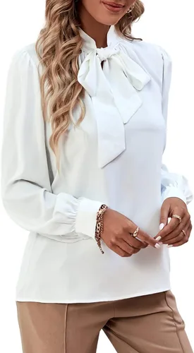Vista 3 de Rooscier Blusa elegante de gasa de manga larga con lazo para mujer