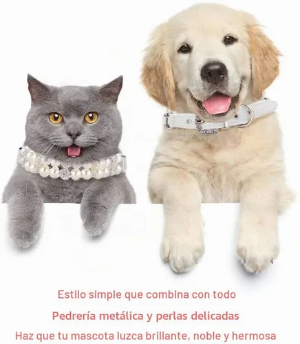 Vista 4 de HOWWFALY Collares de perlas para perros y gatos con diamantes de imitación de cristal, collar de piel sintética, collar ajustable para perros