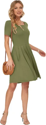 Vista 4 de AUSELILY - Minivestido de manga corta para mujer, plisado, con volantes, acampanado, con botón