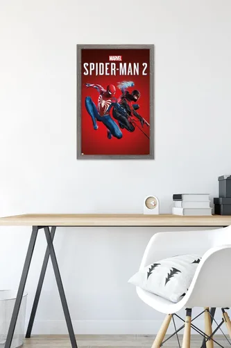 Vista 6 de Marvel's Spider-Man 2 - Póster de pared de arte clave, 22.4 pulgadas de largo x 14.7 pulgadas de ancho, versión enmarcada de madera de granero