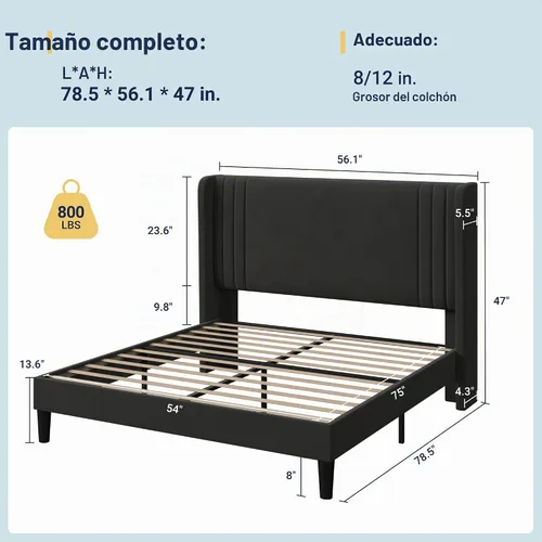 Vista 2 de Allewie Marco de Cama de Plataforma de Terciopelo Tamaño Completo con Cabecera Acolchada Vertical con Respaldo Alto, Fácil Montaje, Almacenamiento