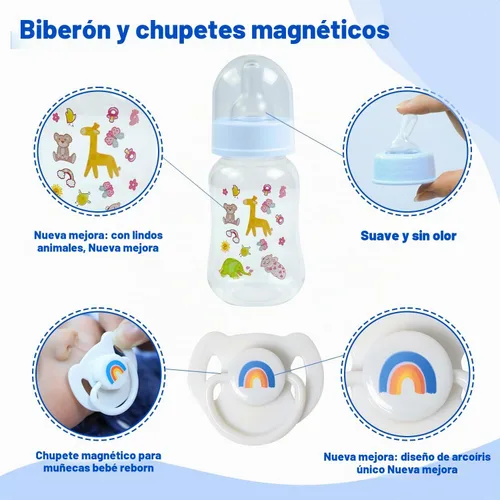 Vista 4 de SCOM Juego de Accesorios para Muñeca Bebé Reborn - Chupetes Magnéticos Arcoíris y Biberones para Muñeca Bebé Removibles Reutilizables con Clips