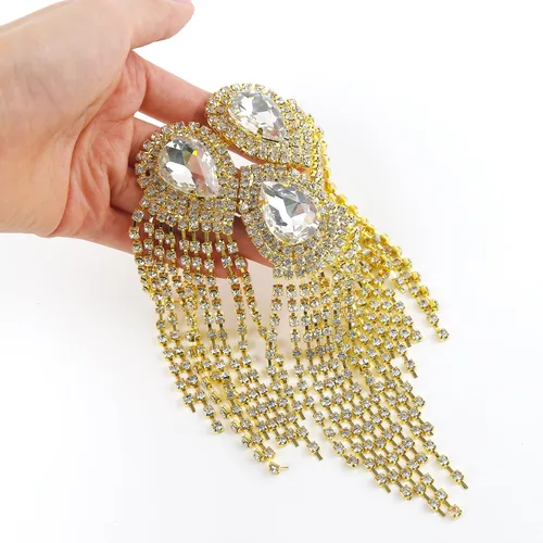 Vista 3 de 2 piezas de charreteras de hombro con flecos de cristal, diseño de gota de agua dorada, apliques de diamantes de imitación para ropa de mujer