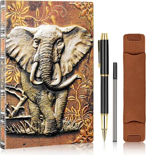 Vista 8 de Cuaderno vintage de piel con relieve 3D de gato, diario de viaje A5 con bolígrafo y recambio de bolígrafo, funda para bolígrafo, bloc de notas