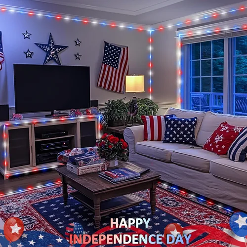 Vista 4 de Paquete de 2 tiras de luces rojas, blancas y azules, 200 luces LED en total de 66 pies para el 4 de julio al aire libre, 8 modos de luz patriótica
