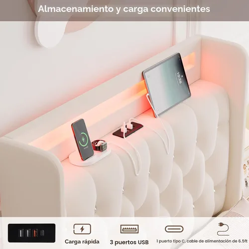 Vista 4 de HIFIT Marco de cama tapizada tamaño individual LED con cabecera de estación de carga y 4 cajones de almacenamiento, marcos de cama de plataforma