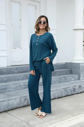 Vista 2 de Conjunto de 2 piezas para mujer, sudadera de gran tamaño con botones y pantalones de descanso a juego
