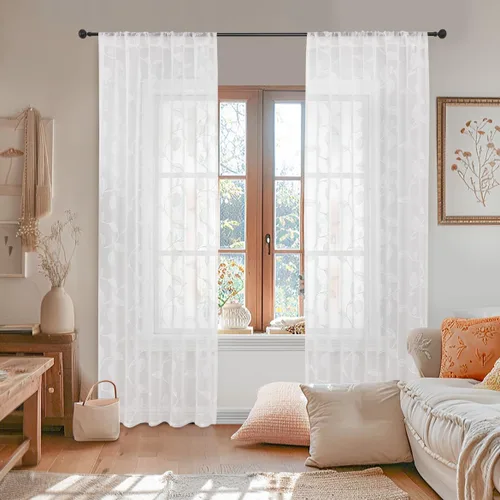 Vista 2 de YoungsTex Cortinas traslúcidas de lino con estampado de hojas de 63 pulgadas de largo para sala de estar, bolsillo para barra, cortinas de encaje