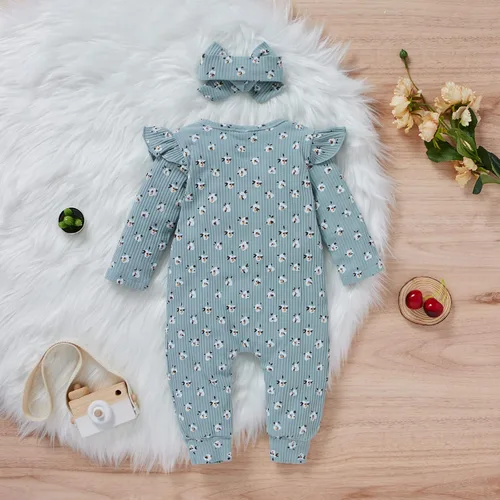Vista 3 de Ropa para bebé recién nacida, mameluco con volantes, manga larga, floral, traje de otoño con diadema