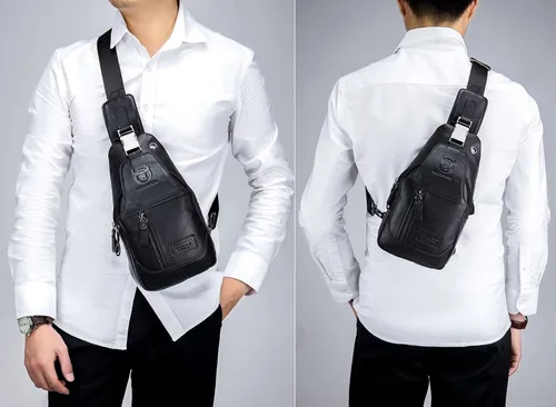 Vista 5 de BULLCAPTAIN Mochila bandolera de cuero genuino para hombre, multibolsillo, bandolera, bolsas de pecho, viajes, senderismo, mochila