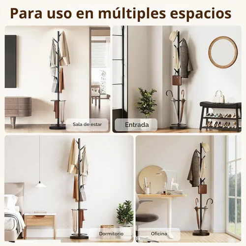 Vista 8 de YATINEY Perchero independiente con soporte para paraguas, perchero con 8 ganchos, árbol de abrigo resistente para entrada, perchero moderno, soporte