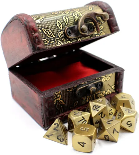 Vista 3 de Juego de dados de metal DND con baúl de almacenamiento dorado / caja para juegos de rol