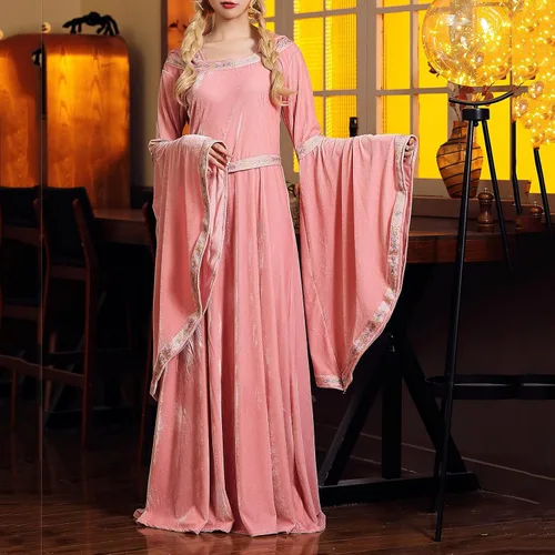 Vista 4 de Vestido renacentista de terciopelo para mujer con capucha, disfraz de bruja medieval de manga larga, vestido largo vintage