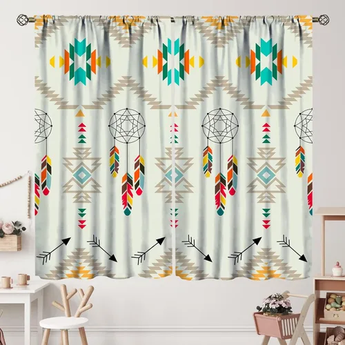 Vista 131 de Cortinas con patrón geométrico tribal, estilo suroeste, azteca, rústico, occidental, nativo americano, opacas, con bolsillo para barra, decoración