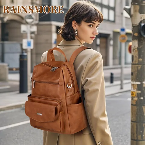 Vista 6 de RAINSMORE Mochila convertible para mujer, de piel sintética, impermeable, a la moda, de 13.3 pulgadas, antirrobo, bolsa de hombro cruzada
