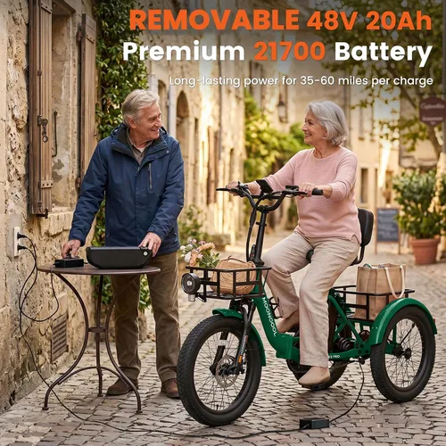Vista 5 de MOONCOOL Triciclo eléctrico plegable para adultos, E-Trike de aluminio de 20 pulgadas con función de marcha atrás y opciones de largo alcance, Plata