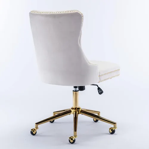 Vista 8 de Silla de escritorio de terciopelo, silla de tocador de altura ajustable con ruedas, cómoda silla de escritorio con respaldo de ala, ribete