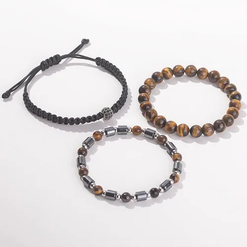 Vista 5 de Juego de pulseras de cuentas para hombre de 0.315 in y 0.157 in de piedras preciosas curativas trenzadas con dije de circonita cúbica, pulsera