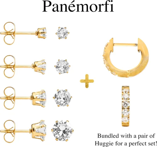 Vista 7 de PANEMORFI EXQUISITE - Juego de aretes de acero quirúrgico 316L y aro de circonita cúbica TRUETest hipoalergénicos para pieles sensibles mujeres