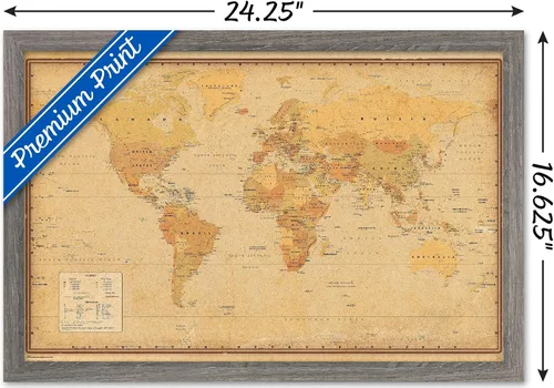 Vista 3 de Trends International Póster de pared antiguo con mapa mundial 2024, 22.4 pulgadas de largo x 14.7 pulgadas, versión enmarcada en madera de granero