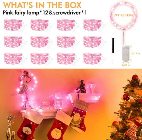 Vista 6 de Bexdir - Paquete de 12 luces de hadas a pilas, 20 luces LED de 2,1 metros, con alambre plateado impermeable, luces de Navidad para exteriores