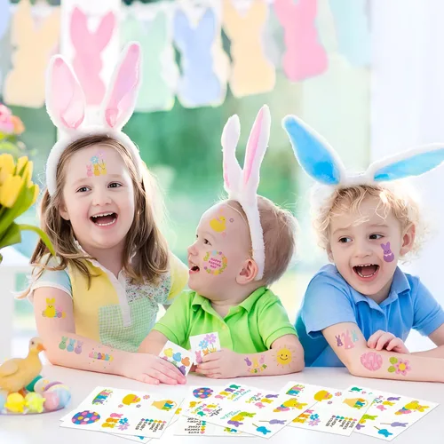 Vista 6 de ANGOLIO Tatuajes temporales de conejo de Pascua, 144 tatuajes temporales de conejo para niños, a granel, feliz día de Pascua, conejito de Pascua