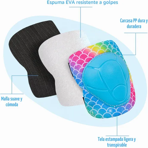 Vista 4 de Rodilleras para niños, juego de equipo de protección ajustable con bolsa de malla, rodilleras y coderas, protector de muñeca para niñas, patines