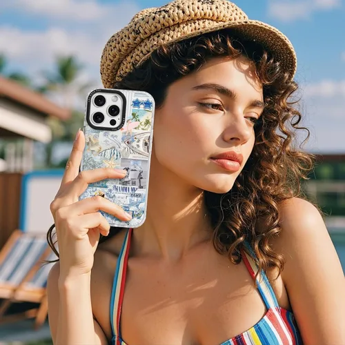 Vista 5 de para iPhone 7/8/SE, funda con collage nostálgico de playa con tabla de surf y Stay Salty, protección contra caídas de grado militar, cubierta