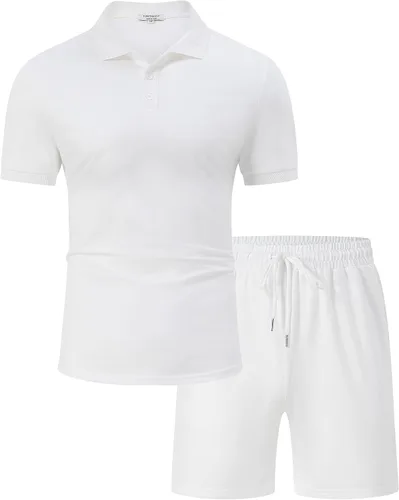 Vista 2 de TURETRENDY Conjunto de camisa polo y pantalones cortos para hombre, traje de polo de manga corta casual de 2 piezas, trajes de verano con botones