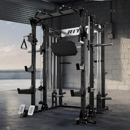 Vista 8 de RitFit Máquina Buffalo Smith, jaula eléctrica con sistema LAT-Pull Down y sistema de cruce de cables, estante de sentadillas todo en uno