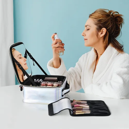 Vista 5 de BYOOTIQUE Bolsa de maquillaje de viaje para maquillaje, estuche de almacenamiento de cosméticos de 10 pulgadas, caja de almacenamiento portátil