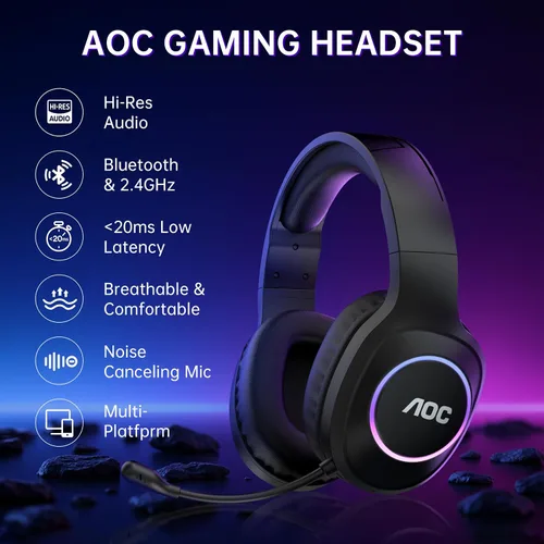 Vista 2 de AOC - Auriculares inalámbricos para juegos compatibles con PS5/4, Nintendo Switch, PC, auriculares Bluetooth 5.4 y 2.4GHz para juegos con micrófono