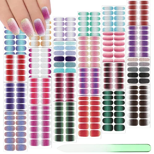 Vista 15 de Maitys 336 piezas de 24 hojas de tiras de esmalte de uñas de envoltura completa, autoadhesivas, tiras de uñas de gel, calcomanías de arte con lima