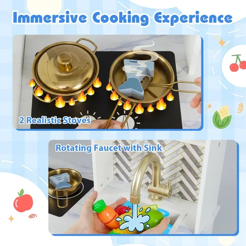 Vista 2 de Costzon Juego de cocina para niños, juego de cocina para niños pequeños con estufas, grifo, fregadero, máquina de café, campana extractora, horno