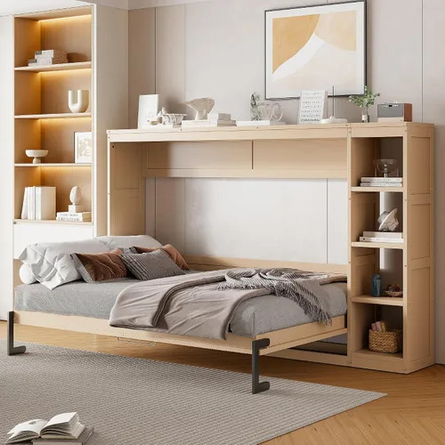 Vista 27 de Cama Murphy de tamaño matrimonial con estación de carga, marco de cama de pared de madera que ahorra espacio se puede plegar, armario de cama cubo