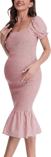 Vista 4 de Vestido de maternidad de verano a media pierna, manga corta abombada, cuello cuadrado, dobladillo con volantes, vestido de sirena para baby shower