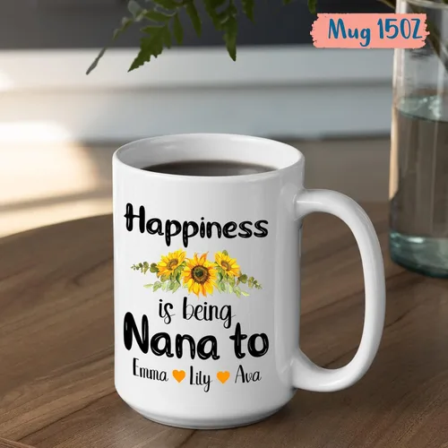 Vista 5 de Taza con texto en inglés «Happiness Is Being Nana» – Taza personalizada para abuela con nombres de nietos – Taza de abuela nueva – Regalo