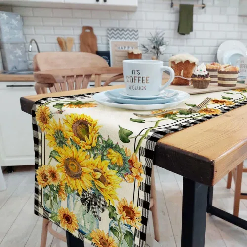 Vista 4 de Camino de mesa de girasol, camino de mesa de otoño a cuadros para comedor, cocina, sala de estar, vacaciones y decoración de mesa de fiesta, 13 x 72