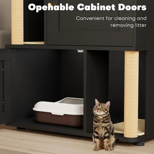 Vista 6 de Caja de arena para gatos para 2 gatos, armario de metal oculto doble con poste rascador para gatos, muebles grandes para baño de mascotas, mesa