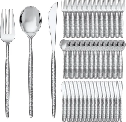 Vista 11 de SUT 150 PIEZAS Juego de Cubiertos de Plástico Dorados, Utensilios Dorados Desechables, Cubiertos de Plástico Resistente, Incluye 50 Cuchillos