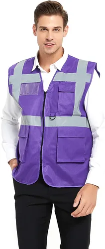 Vista 13 de GOGO Chaleco de seguridad de alta visibilidad con 5 bolsillos con tiras reflectantes, chaleco de uniforme de trabajo, color rosa intenso, talla S
