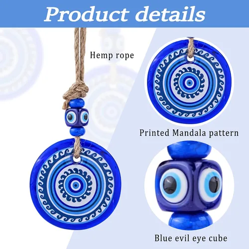 Vista 4 de Amuleto grande de cristal de 3 pulgadas con diseño de mandala de ojo turco con cuentas de Nazar para el hogar, adorno colgante de pared para árbol